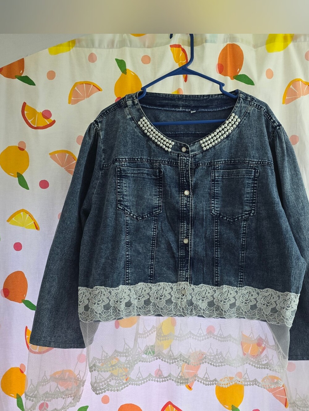 Women’s 5X Denim Jacket Pearl Collar Lace Peplum Button Front Unbranded